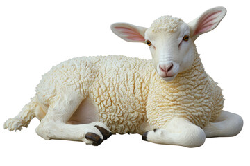 Fototapeta premium A white sheep is laying down on a white background, illustrations, clipart, isolated on a transparent background.