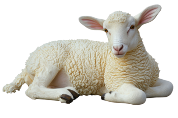 A white sheep is laying down on a white background, illustrations, clipart, isolated on a transparent background.