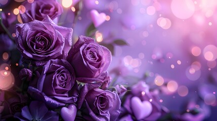 purple roses and purple hearts on purple background with bokeh lights, love wallpaper, purple flowers, purple valentine's day design, purple rose background.
