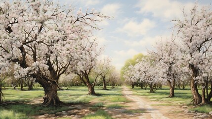 Fototapeta premium Blossoming Tranquility: Scene Capturing the Tranquility of a Tree in Blossom