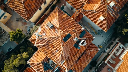 Overhead view of roofers securely fitting tiles on a residential roof, illustrating detailed construction work and property development