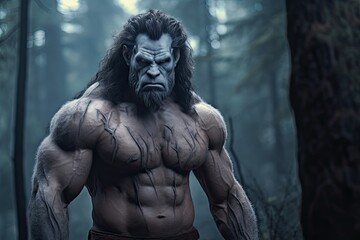 A man with a big, hairy face standing in the woods, half human and half beast-like. Generative AI