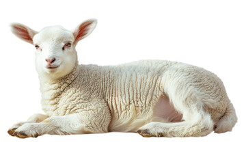Fototapeta premium A white sheep is laying down on a white background, illustrations, clipart, isolated on a transparent background.