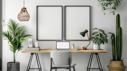 Minimalist Contemporary Home Office with Blank Poster Frame Inspiring Creativity