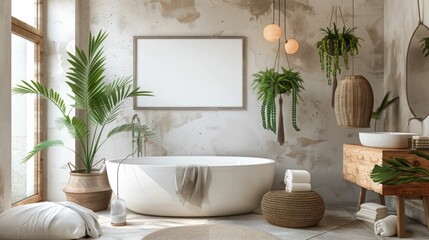 Serene Spa Like Bathroom Retreat with Minimalist Decor and Blank Poster Frame