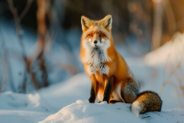 A fox is sitting on a snowy hillside - Powered by Adobe
