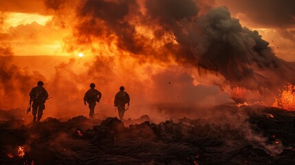 Fototapeta premium Memorial Day remembrance with a backdrop of fiery lava and dense smoke, symbolizing the fierce battle and sacrifice of fallen soldiers