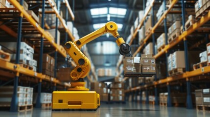 Fototapeta premium Illustrate a WMS system in action, with robotic arms seamlessly managing inventory in a state-of-the-art warehouse facility, showcasing efficiency and precision 