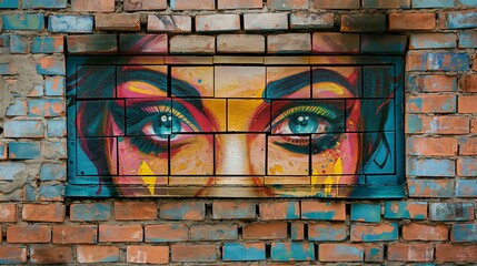 Graffiti portrait of beautiful pinup woman on street brick wall