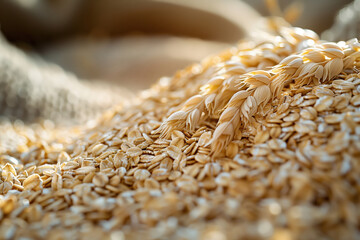 Obraz premium Background with close-up oat grain. Concept of whole organic grain or ancient groats.