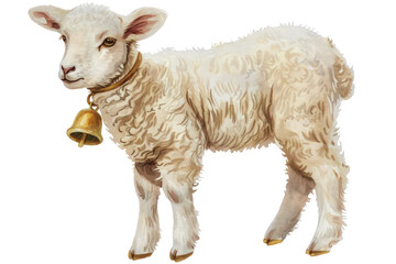 Fototapeta premium A white lamb with a bell around its neck stands on a white background, illustrations, clipart, isolated on a transparent background.