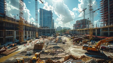 Intense construction activity at a site with buildings rising, framed by cranes and bustling with heavy machinery, perfect for a dynamic shoot