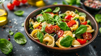 Tortellini salad cherry tomatoes, cucumber, basil, mozzarella, olives - Powered by Adobe