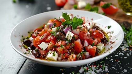 Top view delicious puttanesca salad tomatoes, olives, onions, feta cheese