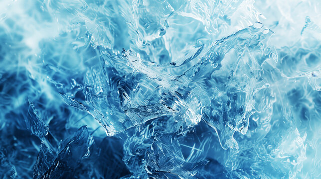 Abstract close-up of ice crystals creating a textured pattern in shades of blue, showcasing the intricate and jagged shapes of frozen water.