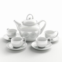 White tea set with cups and saucers arranged on a white surface