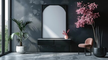 Luxurious and Sophisticated Dressing Area with Blank Poster Frame and Elegant Floral Accents