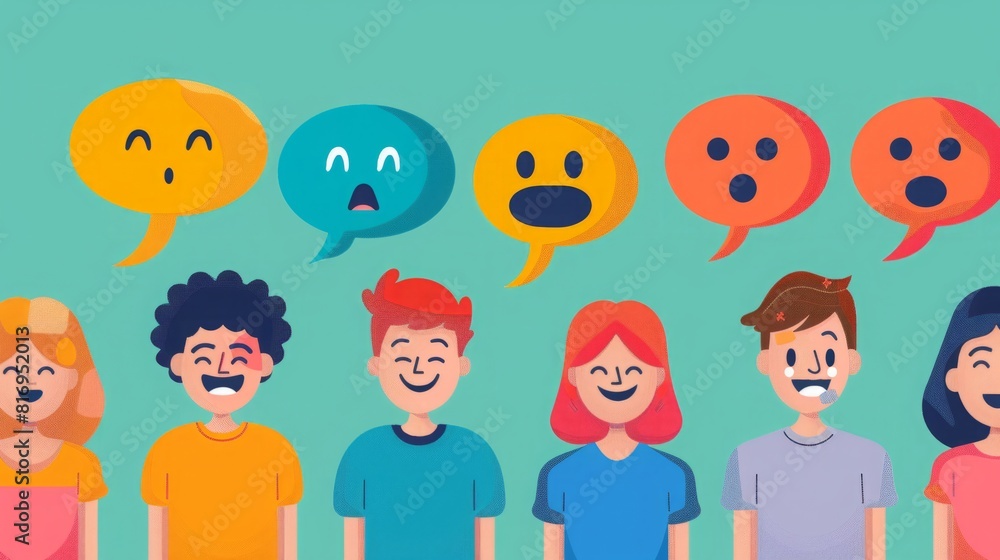 Poster a diverse group of individuals standing together, each with a speech bubble in front of them as they
