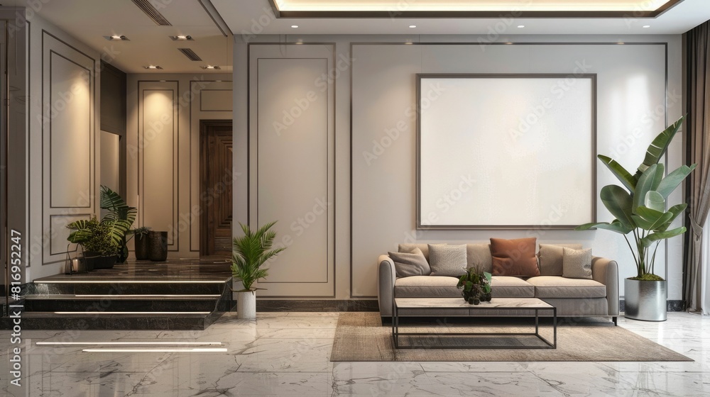 Poster elegant and inviting luxury foyer with reflective poster frame creating depth and interest