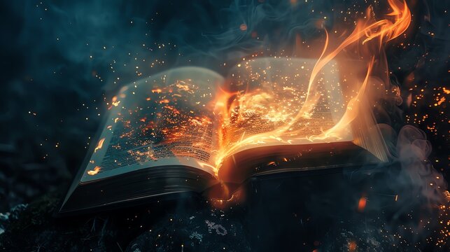 An open book with glowing pages and swirling flames around it, representing the power of magic in fantasy worlds. A cinematic photo shot in the style of fantasy artwork.