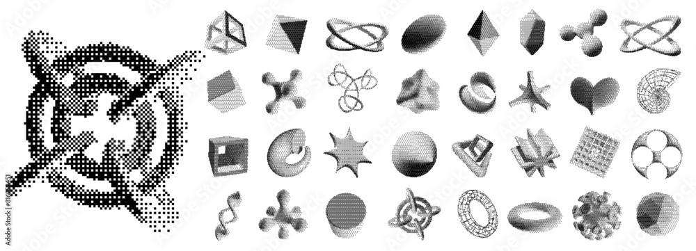 Poster dither bitmap 3d shapes. retro futuristic digital objects with pixel dithering texture, abstract geo