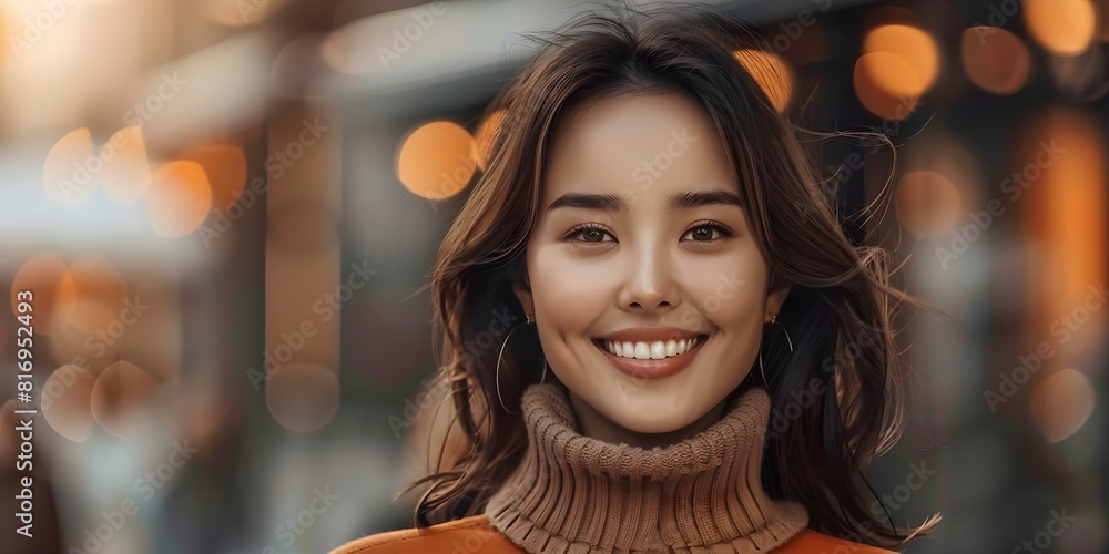 Canvas Prints Capturing the Joy: Closeup Portrait of a Content Asian Woman in the City. Concept Portraits, Closeup, Asian, City, Joy