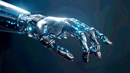 Close-up of an advanced robotic hand with illuminated blue accents, showcasing intricate mechanical components and sleek design against a dark background.