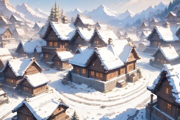  雪山に囲まれた魅力的な村、アニメスタイル