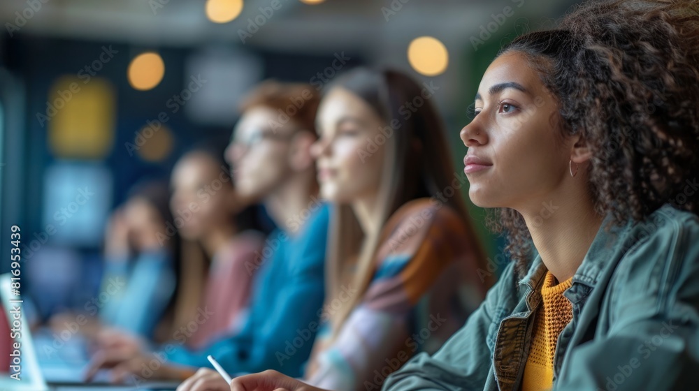Aufkleber a group of students sitting in a classroom, attentively looking at their laptops while studying and 