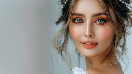 A woman with a blue eye and orange eye shadow