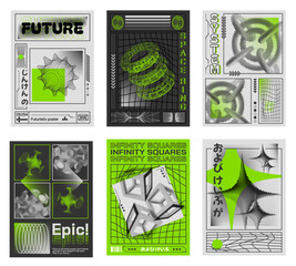Abstract 3d poster templates. Retro futuristic designs with halftone 3D shapes, cyberpunk aesthetics and bold typography vector set