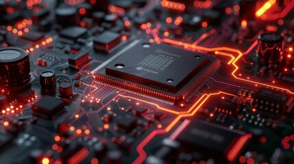 Fototapeta premium Circuit board with a central microchip, visually defining the heart of computing technology Dark, moody background for emphasis Photorealistic render