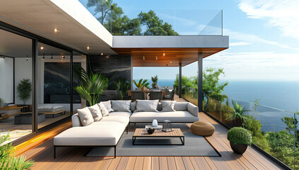Obraz premium A modern wooden terrace with an outdoor sofa and armchair, embodying beach house interior design, overlooks a Mediterranean forest landscape with an ocean view on a sunny day.