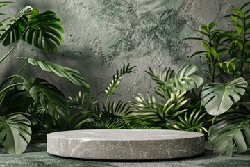  advertising podium stand with tropical leaves background. Empty natural stone pedestal platform to display beauty. Mockup