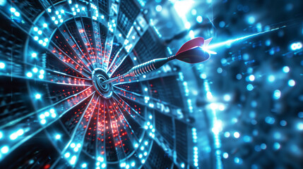 Close-up of a dart hitting the bullseye on an illuminated electronic dartboard, symbolizing precision and accuracy amidst a high-tech, futuristic background.