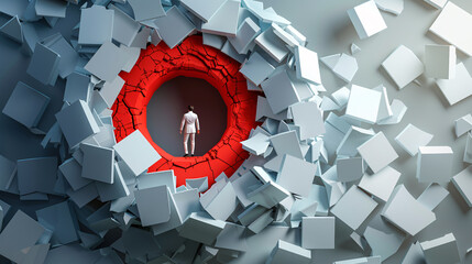 Businessman Facing a Destructive Red Vortex of Breaking Squares