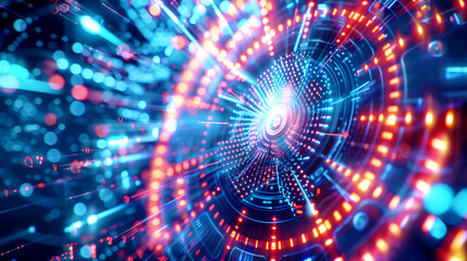 Naklejka premium A vibrant, abstract representation of a digital data tunnel in bright blue and red colors, symbolizing fast-moving data and futuristic technology.