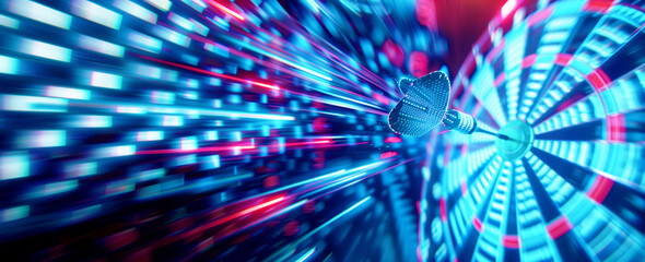 Close-up of a dart hitting the bullseye on an illuminated dartboard with a dynamic, futuristic light trail effect.