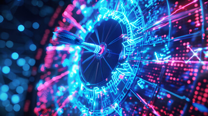 A futuristic dartboard hits the bullseye with a dart, surrounded by glowing blue and pink cybernetic patterns and digital graphics, symbolizing precision and technology.