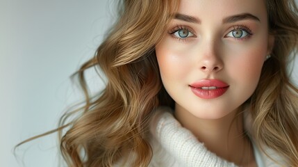 A woman with long blonde hair and green eyes is smiling