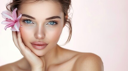 Naklejka premium A woman with a flower in her hand and a blue eye shadow