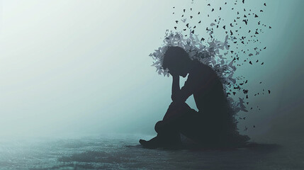 Depression Lonely Silhouette of a Person Sitting in Despair with Disintegrating Thoughts