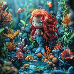 Little mermaid sitting on the rock in the middle of the ocean and watching colorful fishes swim around her.