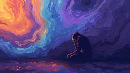 Depression Person Sitting in Darkness with Swirling Colorful Emotions Representing Mental Struggle