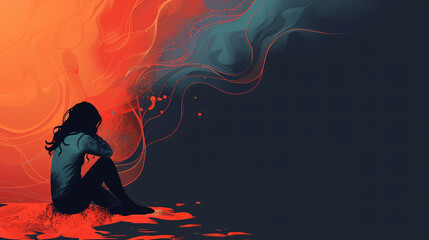 Depression Silhouette of a Woman in Distress with Fiery Abstract Background