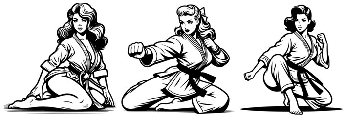 retro pinup karate girl, black vector transparent, beauty pin-up woman colorless silhouette sketch vintage illustration, comic style character clipart shape for laser cutting engraving print