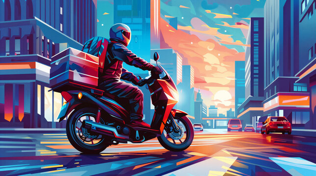 Colorful digital illustration of a delivery person on a scooter navigating a city street at sunset. The scene is characterized by vibrant urban elements and reflective lights.