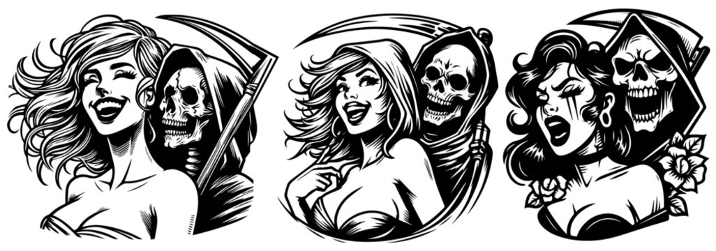 recommend clip art: cute retro pinup sexy girl halloween grim reaper black vector transparent, beauty pin-up woman silhouette graphic illustration, comic style female character clipart shape laser cutting engraving print