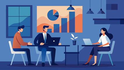 A vibrant illustration capturing a business team in the midst of a strategic analytics meeting