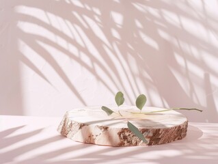 Minimalist Mockup with Textured Wood Podium and Fresh Green Leaf on Light Pastel Pink Background in Sunny Diffused Light